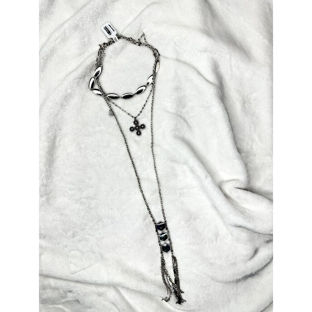 NEW Free People Multi Strand Necklace Silver Boho Layered Cross Abalone Detail